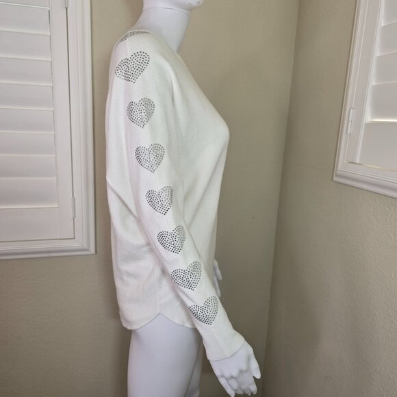 LIV Milano White Knit Sweater Shirt with Rhinestone Hearts - Picture 2 of 6